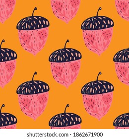 Bright contrast seamless pattern with pink and purple colored acorns. Orange background. Flat vector print for textile, fabric, giftwrap, wallpapers. Endless illustration.