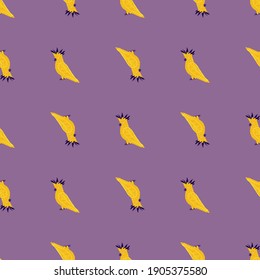 Bright contrast seamless pattern with yellow cockatoo parrot ornament. Purple background. Doodle print. Flat vector print for textile, fabric, giftwrap, wallpapers. Endless illustration.