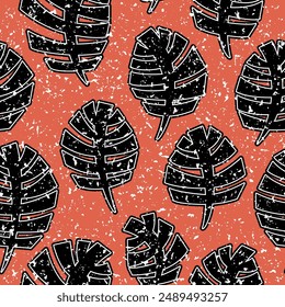 
Bright contrast seamless vector pattern with stylized monstera leaves. Floral pattern on a red background with white specks.