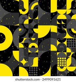 
Bright contrast seamless vector pattern of simple geometric shapes. Bright yellow, black and dark grey. Small yellow specks.