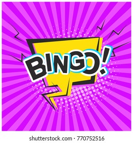 Bright contrast yellow retro comic speech bubble with Bingo text. Black outline balloon with halftone shadow and purple stripes in pop art style for advertisement text, web design, flyer.