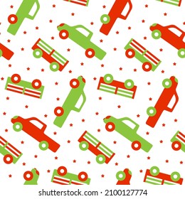 Bright contrasting seamless pattern with cars for boys. Childish print with red green pickups and trailers on white starry background. Automobile texture for kids designs of stationery, textiles. 