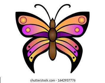  Bright and contrasting vector butterfly in pink, orange and purple colors. Bright, elegant summer insect - a moth. Beautiful full color vector butterfly - element for decoration.