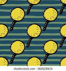 Bright cooking seamless pattern with yellow and black colored pans silhouettes. Stripped navy blue pale background. Designed for wallpaper, textile, wrapping paper, fabric print. Vector illustration.