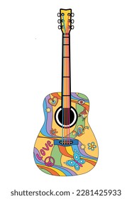 Bright cool cartoon color guitar with patterns - 60s-70s hippie style. Print. social networks, design. Vintage vector illustration isolated on white background.