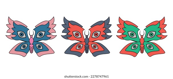 Bright cool cartoon colored butterfly with different patterns on wings - 60s-70s hippie style. Print.social networks, design. Set vintage vector illustration isolated on white background.