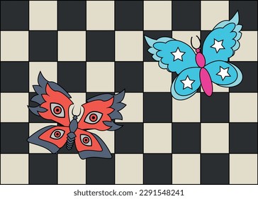 Bright cool cartoon psychedelic rainbow checkerboard butterfly - 60s-70s hippie floral style. Frame, template, background, decoration. Vintage vector illustration.