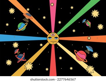 Bright cool cartoon psychedelic space hippie style. Frame, template, background, social media, decoration. Flying saucer. Vintage vector illustrationttern with various elements - 60s-70.