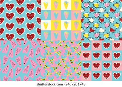 Bright and cool funny seamless patterns for Valentine's Day. Seamless pattern with cool playful love hearts