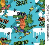 Bright cool seamless pattern with crocodile on a skateboard. graffiti background with crocodile .For textile, kids wear, fabric and more
