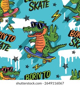 Bright cool seamless pattern with crocodile on a skateboard. graffiti background with crocodile .For textile, kids wear, fabric and more
