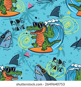 Brilhante e fresco padrão sem costura com crocodilo em um skate. fundo de grafite com crocodilo. Para têxteis, roupas infantis, tecido e muito mais