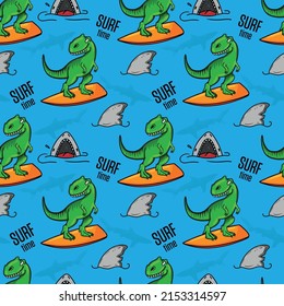 Bright cool seamless pattern with dinosaur on a surfboard. Summer background with t rex.For textile, kids wear, fabric and more
