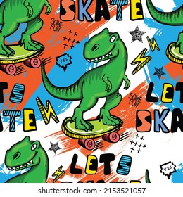 Bright cool seamless pattern with dinosaur on a skateboard. graffiti background with t rex.For textile, kids wear, fabric and more
