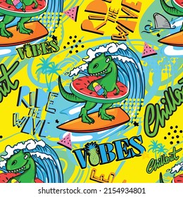 Bright cool seamless pattern with dinosaur on a surfboard. Summer background with t rex.For textile, kids wear, fabric and more
