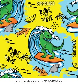 Bright cool seamless pattern with dinosaur on a surfboard. Summer background with t rex.For textile, kids wear, fabric and more
