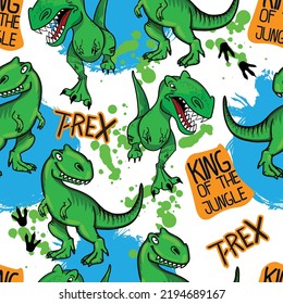 Helles, cooles, nahtloses Muster mit Dinosaurier T-Rex . Graffiti-Hintergrund mit t rex.Für Textilien, Kinderbekleidung, Stoff und mehr
