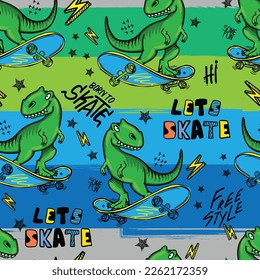 Bright cool seamless pattern with dinosaur on a skateboard. graffiti background with t rex.For textile, kids wear, fabric and more
