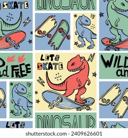 Helles, cooles, nahtloses Muster mit Dinosaurier auf einem Skateboard. Graffiti-Hintergrund mit t rex.Für Textilien, Kinderbekleidung, Stoff und mehr
