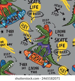 Bright cool seamless pattern with dinosaur on a skateboard. graffiti background with t rex.For textile, kids wear, fabric and more
