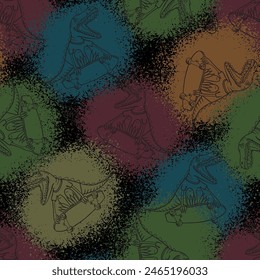 Bright cool seamless pattern with dinosaur on a skateboard. graffiti background with t rex.For textile, kids wear, fabric and more
