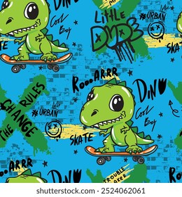 Bright cool seamless pattern with dinosaur on a skateboard. graffiti background with t rex.For textile, kids wear, fabric and more
