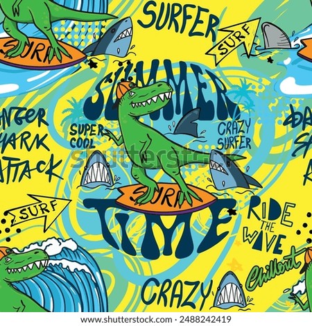 Bright cool seamless pattern with dinosaur on a surfboard. Summer background with t rex.For textile, kids wear, fabric and more
