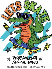 Impressão de tipografia legal brilhante com crocodilo em um skate. fundo de grafite com crocodilo. Para têxteis, roupas infantis, tecido e muito mais
