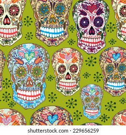 Bright Cool Vector Pattern of Sugar Skulls.