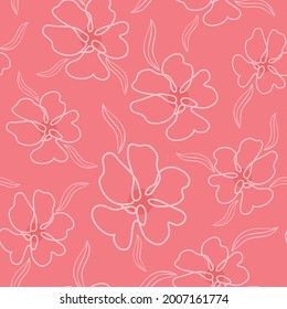 Bright coral color pattern with delicate monoline flowers, vector illustration. Seamless floral background. Template for packaging, wallpaper, paper and designs.