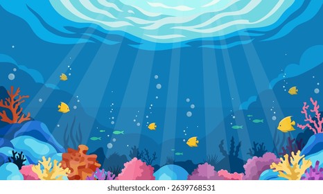 Bright coral reef with fish, flat graphic style, underwater ocean background. Concept of marine wildlife and sea life. Vector illustration