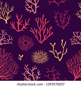 Bright coral reef seamless pattern on a dark background