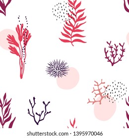 Bright coral reef seamless pattern on a white background with abstract details