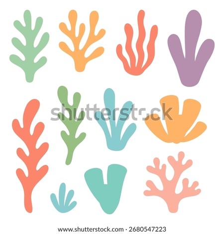 Bright coral and seaweed set. Flat style underwater plants for marine and ocean themes