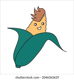 Bright corn with a funny face and hairstyle on a white background. Logo. EPS 10.