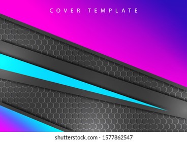 Bright corporate banner design with hexagons texture, stripes, corners, color gradient. Abstract technology background. Vector illustration