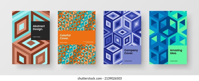 Bright corporate brochure design vector template bundle. Minimalistic geometric shapes booklet illustration set.