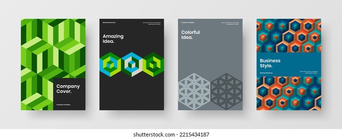 Conjunto de plantillas vectoriales de diseño de folletos corporativos brillante. Colección de ilustraciones de portada de la revista de azulejos geométricos premium.