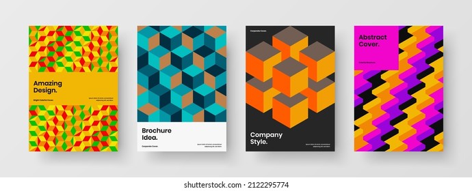 Bright corporate brochure vector design template set. Colorful mosaic pattern book cover layout bundle.