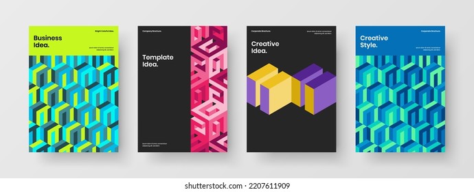 Bright corporate cover A4 vector design concept set. Colorful geometric hexagons placard template bundle.