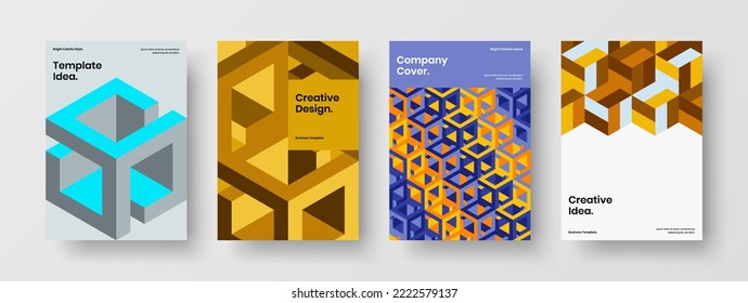 Bright corporate cover A4 vector design concept collection. Multicolored mosaic shapes placard illustration set.