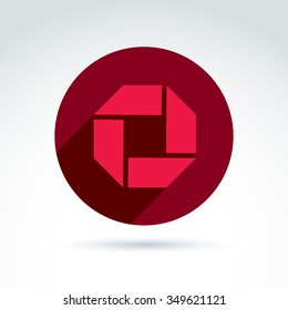 Bright corporate design element created from separate geometric parts. Vector abstract emblem placed in red circle. 