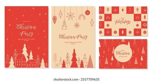 Bright corporate holiday cards in modern geometric style. Universal templates with Christmas trees, Scandinavian village, seamless pattern, frame and space for text. Vector