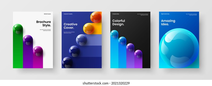 Bright corporate identity A4 design vector layout bundle. Clean realistic spheres leaflet template collection.