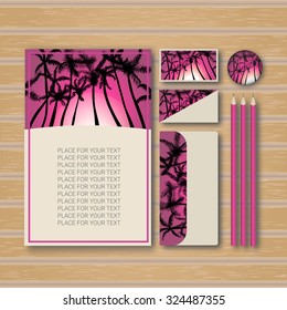 Bright corporate identity with black palms on pink background. Vector illustration for graphic design.