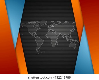 Bright corporate material abstract background with world map. Black striped vector backdrop