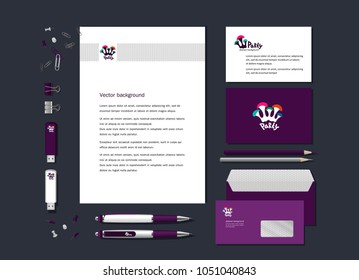The bright corporate style with a logo - mushrooms with multi-colored hats. A cheerful company of bright honey agarics. Samples of business cards, a flash card, a pen, an envelope. Vector.