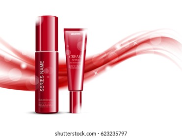 Bright cosmetic ads design template with red skin moisturizer and cream bottles on wavy soft dynamic lines background. Vector illustration