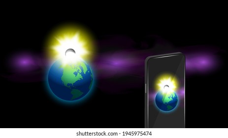 Bright cosmic collision of the Earth. Yellow radiant flash. Sunrise over the planet with a crescent moon and purple nebula in the background. 3D smartphone takes pictures