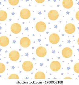 Ein helles, kosmisches, nahtloses Babymuster, bestehend aus gelbem Mond und blauen Sternen. Mondmuster mit Sternen. Vollmond am Himmel .Vektorgrafik auf weißem Hintergrund.